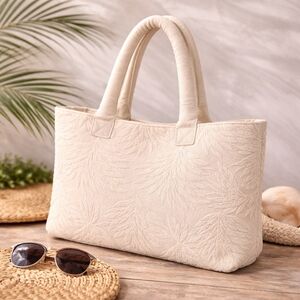 Cream Textured Tote Bag, Coastal Beach Bag, Boho Cotton Shoulder Tote, Neutral